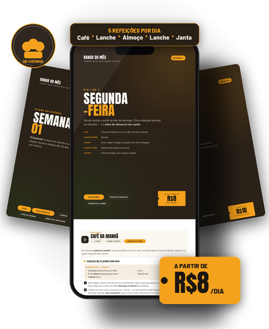 O cardápio do mês do Rango do Mês aberto no celular, com as capas das semanas ao fundo
